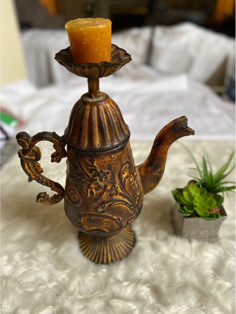 Vintage Ornate Metal Teapot Candle Holder Decorative Handle